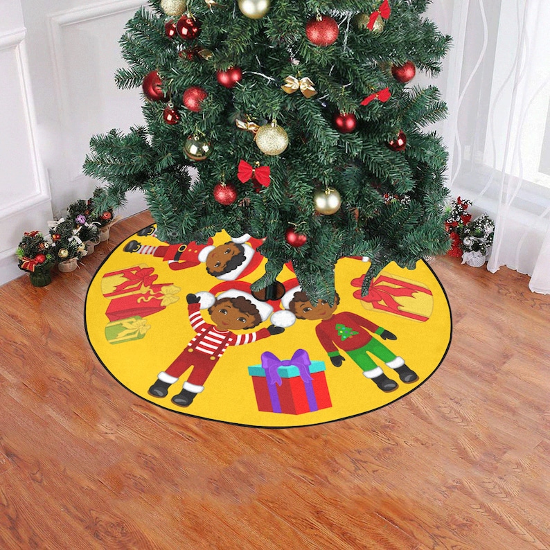 Black Kids Christmas Tree Skirt African American Girls And Boys Print Yellow