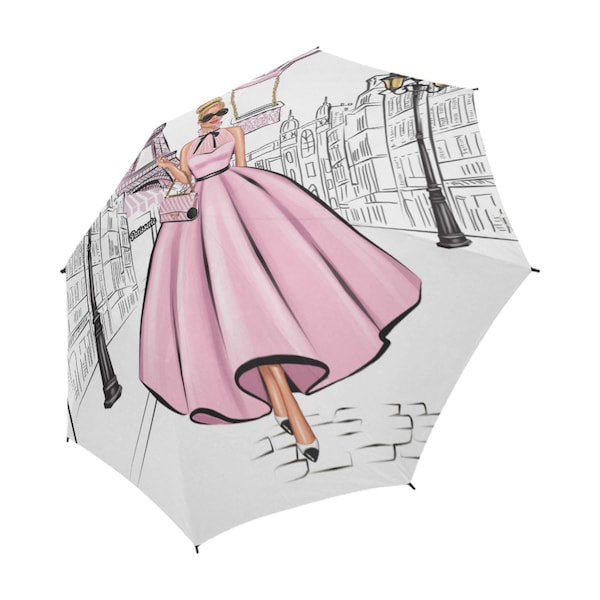 Umbrella Paris Street Cafe Blonde Hair Woman Print Semi Automatic Umbrella Unique Design Free Shipping