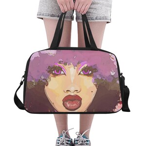Bolso de mano de viaje con diseño afro rosado, ojos rosados y labios carnosos, compartimento inferior para zapatos, estampado exclusivo de melanina, envío gratuito a todo el mundo
