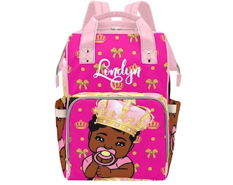 Royal Princess Personalized African American Baby Girl Backpack Diaper Clothing Bottles Bag Unique Print Baby Shower Gift Mommy Daddy Pink