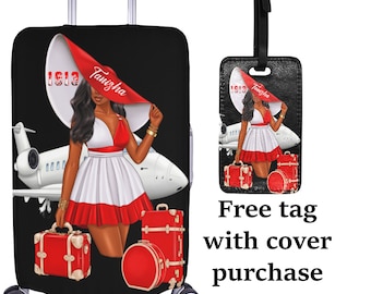 Personalized Luggage Cover Luggage Tag African American Woman Sophisticated Stylish Airport Scene Travel Style Protect Luggage