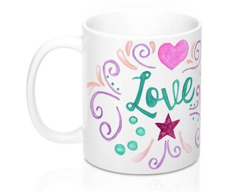 Watercolor Love Hearts Stars Coffee Tea Hot Chocolate Mug Home Decor Kitchen Gift