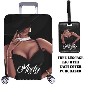 Personalized Luggage Cover Luggage Tag African American Woman Sophisticated Stylish Airport Scene Travel Style Protect Luggage Black