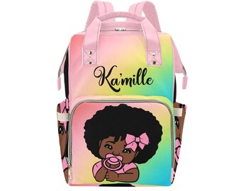 Ombre Personalized African American Baby Girl Backpack Diaper Clothing Bottles Bag Unique Print Baby Shower Gift Mommy Daddy