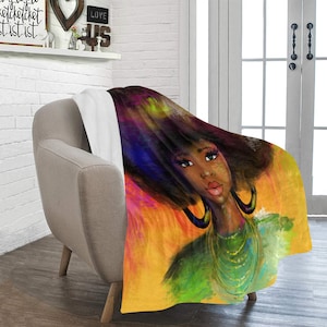 Afro African American Woman Watercolor Fleece Throw Blanket