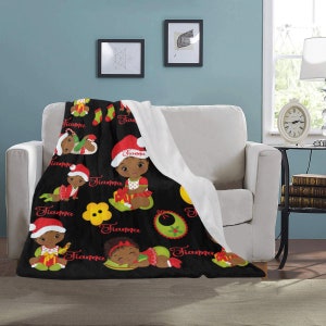 Christmas Personalized Baby Girl African American Girl Fleece Throw Blanket Pick Your Color