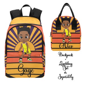 Sac à dos de basket-ball personnalisé afro-américain pour garçon, ensemble de sacs à lunch séparément pour la rentrée des classes, maman, papa, voyage, style gym, couture pour enfants