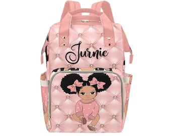 Custom Afro Puffs Brown Baby Couture Personalized Diaper Bag Ethnic Bow Mother Father Backpack Baby Shower Gift