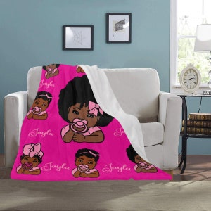 Personalized Afro Baby Girl African American Baby Fleece Throw Blanket Pick Your Color