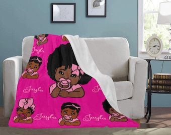 Personalized Afro Baby Girl African American Baby Fleece Throw Blanket Pick Your Color