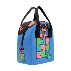 Afro Puffs - Casse-tête rose sur l'autisme pour fille afro-américaine - Sac à lunch isotherme à fermeture éclair