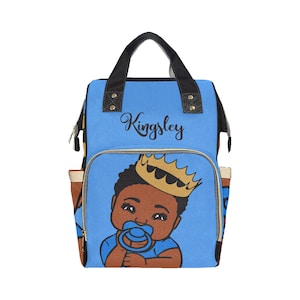 Prince Personalized African American Baby Boy Backpack Diaper Clothing Bottles Bag Unique Print Pick Your Color Baby Shower Gift Mommy Daddy