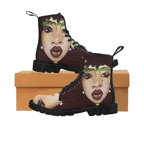 Curly Hair Unibrow Full Lips African American Woman Print Canvas Combat Boots One Of A Kind Print Free Shipping Worldwide