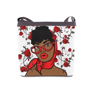 Bolso bandolera con estampado de mujer afroamericana retro negra con rosas