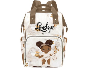 Personalized African American Baby Girl Teddy Bear Backpack Diaper Clothing Bottles Bag Unique Print Baby Shower Gift Mommy Daddy