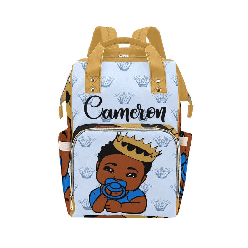 Crowned Prince Personalized African American Baby Boy Backpack Diaper Clothing Bottles Bag Unique Print Baby Shower Gift Mommy Daddy