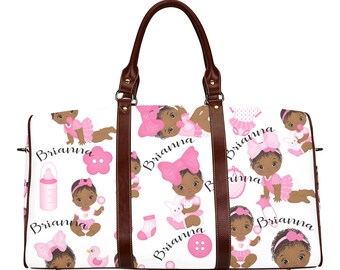 African American Personalized Baby Girl Travel Weekender Diaper Clothing Bag Hair Bows Buttons Pins Print Baby Shower Gift Mommy