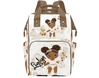 Personalized African American Baby Girl Teddy Bear Backpack Diaper Clothing Bottles Bag Unique Print Baby Shower Gift Mommy Daddy