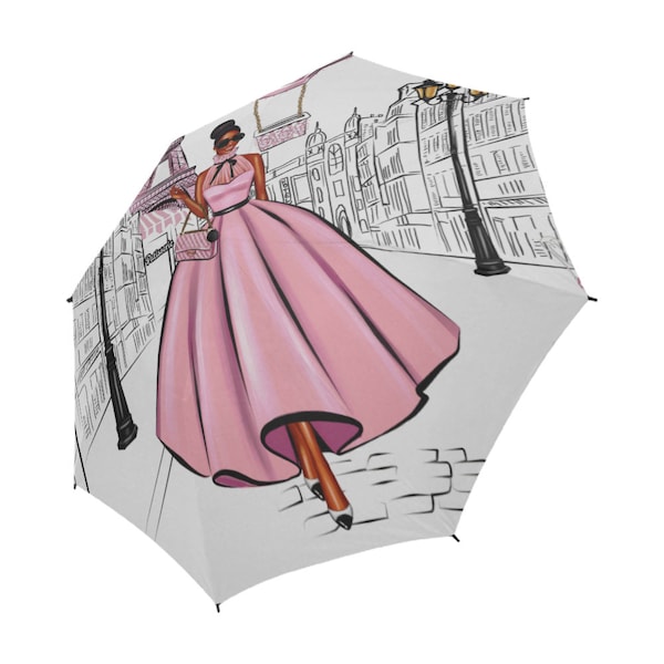 Umbrella Paris Street Cafe African American Woman Print Semi Automatic Umbrella Unique Design Free Shipping