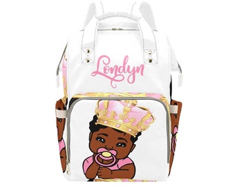 Royal Princess Personalized African American Baby Girl Backpack Diaper Clothing Bottles Bag Unique Print Baby Shower Gift Mommy Daddy