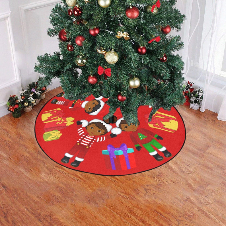 Black Kids Christmas Tree Skirt African American Girls And Boys Print Red