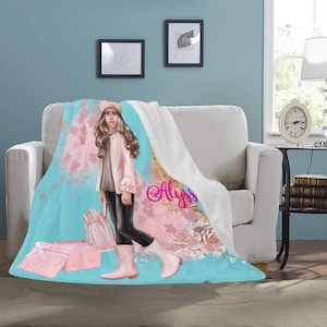 Personalized School Girl In Paris Custom Fleece Blanket Home Decor Great Gift Idea Mother Daughter Eiffel Tower Fall Leaves Gift Flowers