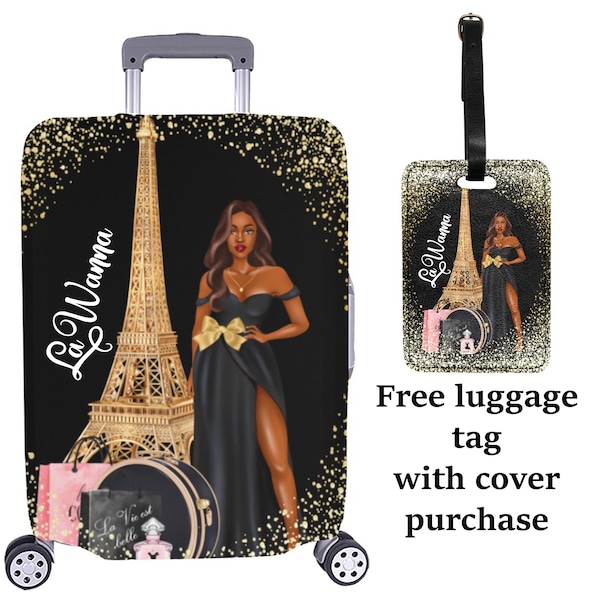 Paris Personalized Luggage Cover Luggage Tag African American Woman Sophisticated Stylish Shopping Eiffel Tower Cover Only