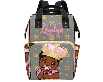 Royal Princess Personalized African American Baby Girl Backpack Diaper Clothing Bottles Bag Unique Print Baby Shower Gift Mommy Daddy Gray