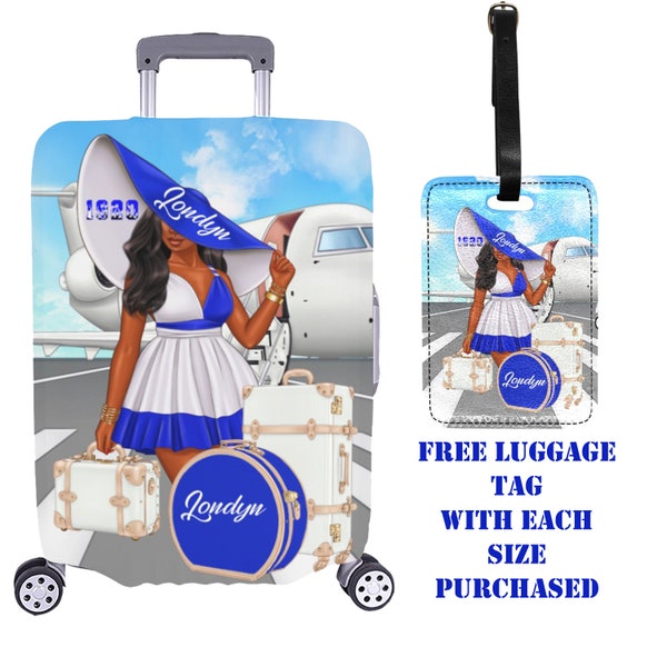 Personalized Luggage Cover Luggage Tag African American Woman Sophisticated Stylish Airport Scene Travel Style Protect Luggage Blue White