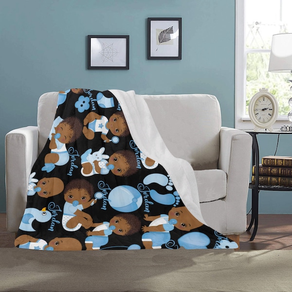 Personalized Baby Boy African American Baby Fleece Throw Blanket