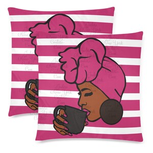 Head Wrap Black Woman Drinking Tea Coffee Striped Pillow Covers Set Home Decor Toss Throw Covers Unique Design Print Free Shipping