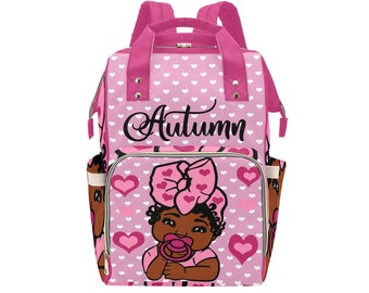 Hearts Personalized African American Baby Girl Backpack Diaper Clothing Bottles Bag Unique Print Baby Shower Gift Mommy Daddy