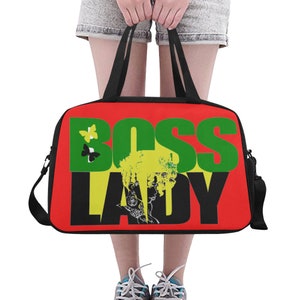 Rot, Schwarz, Grün, Gelb Boss Lady Handgemachte Reisetasche unter Fach für Schuhe Einzigartiges Design