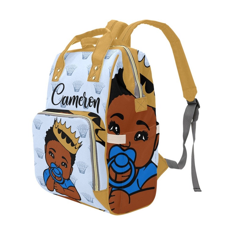 Crowned Prince Personalized African American Baby Boy Backpack Diaper Clothing Bottles Bag Unique Print Baby Shower Gift Mommy Daddy