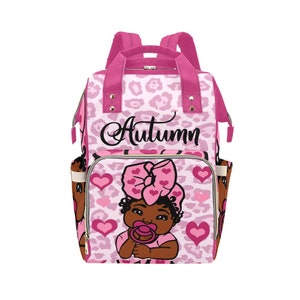 Leopard Personalized African American Baby Girl Backpack Diaper Clothing Bottles Bag Unique Print Baby Shower Gift Mommy Daddy