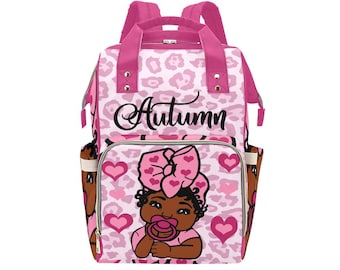 Leopard Personalized African American Baby Girl Backpack Diaper Clothing Bottles Bag Unique Print Baby Shower Gift Mommy Daddy