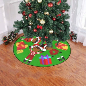 Black Kids Christmas Tree Skirt African American Girls And Boys Print Green