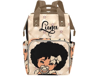 Custom Afro Brown Baby Couture Personalized Diaper Bag Cream Quilted Print Caviar Mother Father Backpack Baby Shower Gift