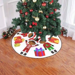 Black Kids Christmas Tree Skirt African American Girls And Boys Print White