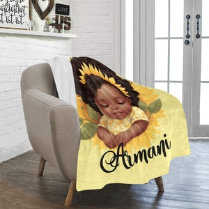 Personalized Couture Sleeping Sunflower African American Baby Girl Blanket Nursery Room Decor Mommy Daddy Gift Idea Baby Shower