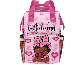 Crowned Personalized African American Baby Girl Backpack Diaper Clothing Bottles Bag Unique Print Baby Shower Gift Mommy Daddy