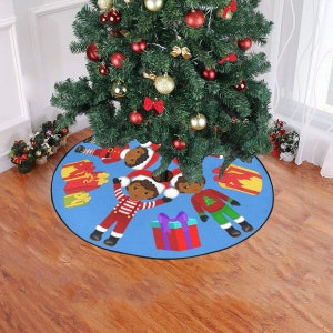 Black Kids Christmas Tree Skirt African American Girls And Boys Print Blue