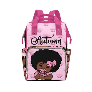 Crown Afro Personalized African American Baby Girl Backpack Diaper Clothing Bottles Bag Unique Print Baby Shower Gift Mommy Daddy