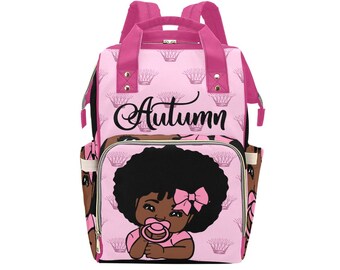 Crown Afro Personalized African American Baby Girl Backpack Diaper Clothing Bottles Bag Unique Print Baby Shower Gift Mommy Daddy