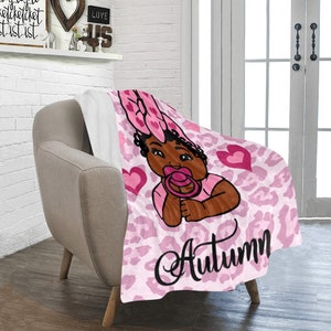 Personalized Couture Pink Leopard Print African American Baby Girl Blanket Nursery Room Decor Mommy Daddy Gift Idea Baby Shower