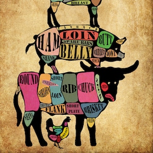 Meat Cut Poster - Pork Pig Beef Cow Lamb Chicken - Meat Cuts Chart - Diagram Print Wall Art Kitchen Decor #vi480