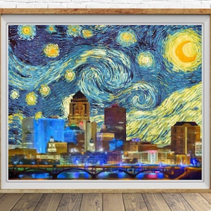 Des Moines Skyline Poster Van Gogh Starry Night Print Des Moines Iowa Decor Van Gogh Print Wall Art #vi1736
