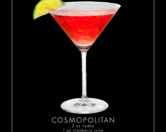 Cosmopolitan Cocktail Poster, Bar Art, Cocktail Art Cosmopolitan Print Art Wall Black Background Vodka #vi795