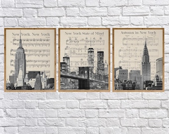 New York City Skyline, Sheet Music Print, Discounted Set of 3 Prints, Nyc Print, Nyc Skyline, Billy Joel, Sinatra, Billie Holiday #vi1651