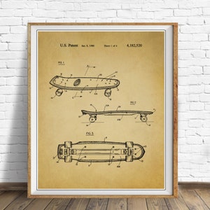 Pu&ograve; includere: Un disegno in bianco e nero di un brevetto per la progettazione di uno skateboard. Il brevetto &egrave; datato 8 gennaio 1980 e il numero di brevetto &egrave; 4.182.520. Il disegno mostra tre diverse viste dello skateboard.